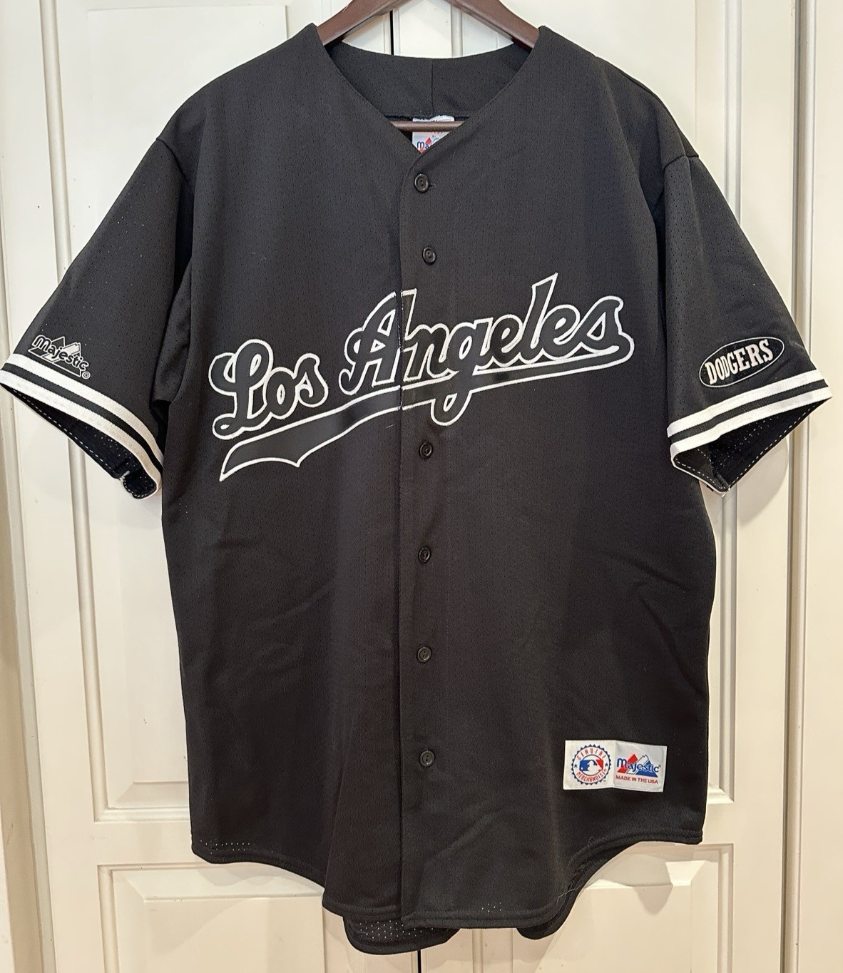 VINTAGE 90s LA DODGERS MAJESTIC BLACK MESH FASHION JERSEY MADE IN USA SIZE L