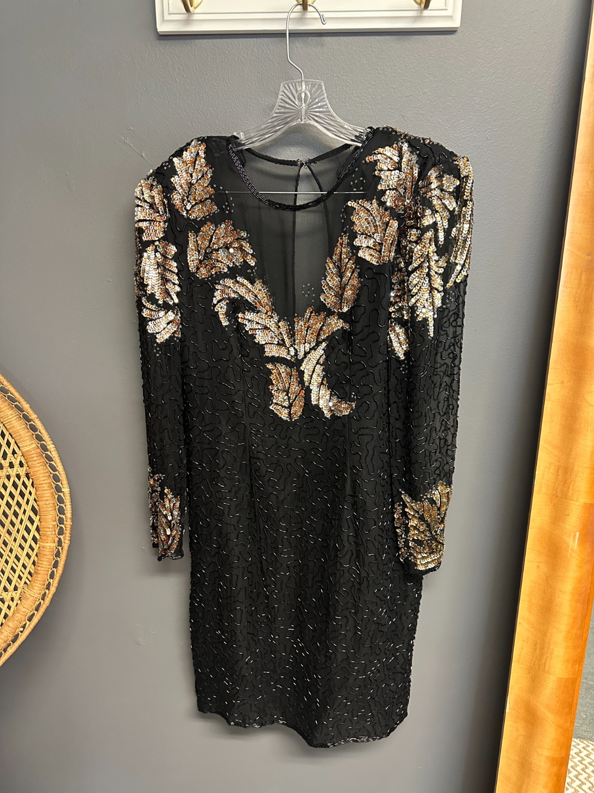 Vintage Scala Silk Womens L Dress Sequin Beaded Cocktail Black Long Sleeve 80s