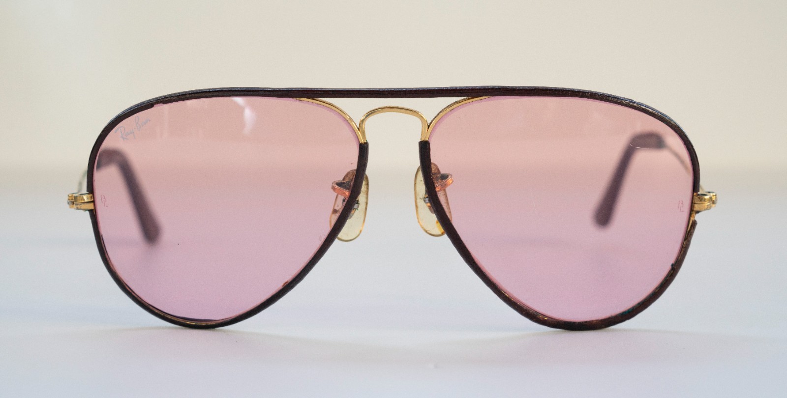 Vintage 1993 Ray-Ban Leather Aviators With Pink Lenses – Bausch and Lomb w/ Case