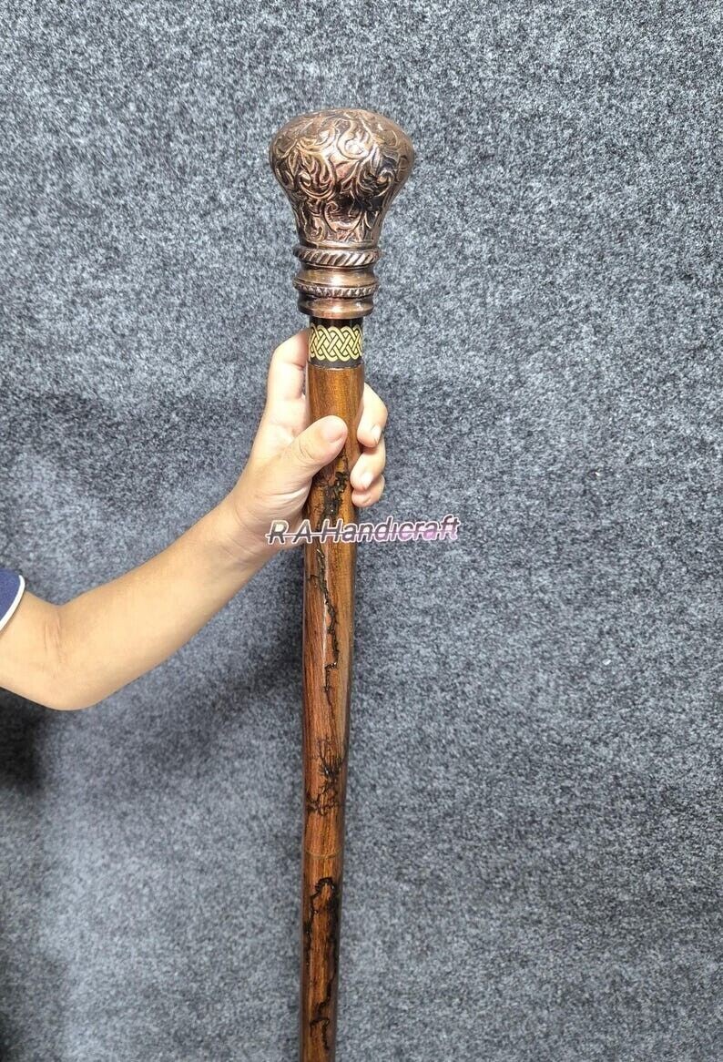 Victorian Walking Cane With Round Brass Copper Finish Handle Wooden Carved Stick