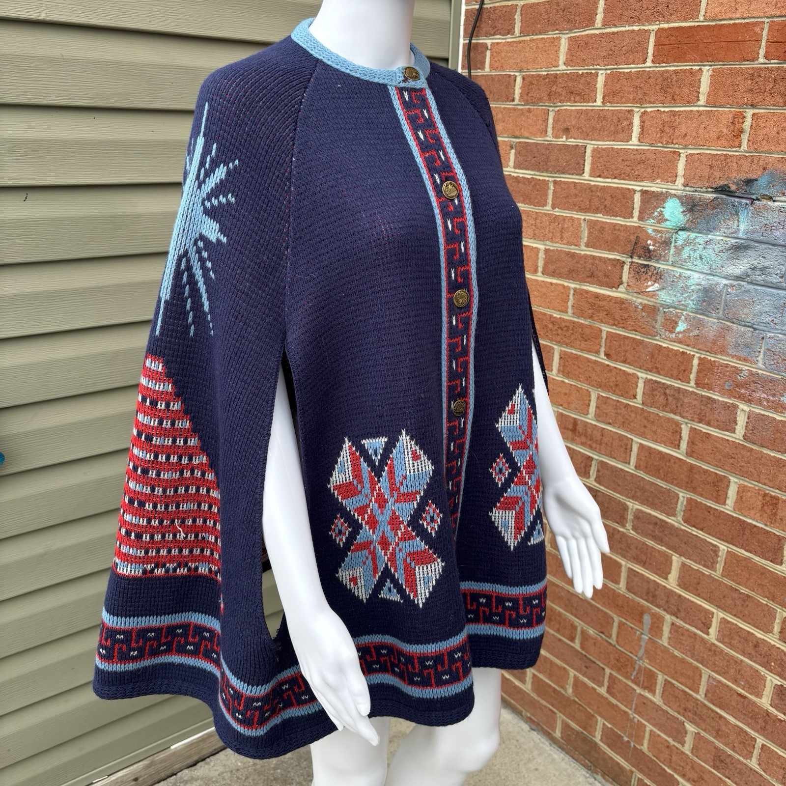 VTG STURBRIDGE 70S BOHO SWEATER CAPE SOUTHWESTERN WEAVER HIPPIE ONE SIZE