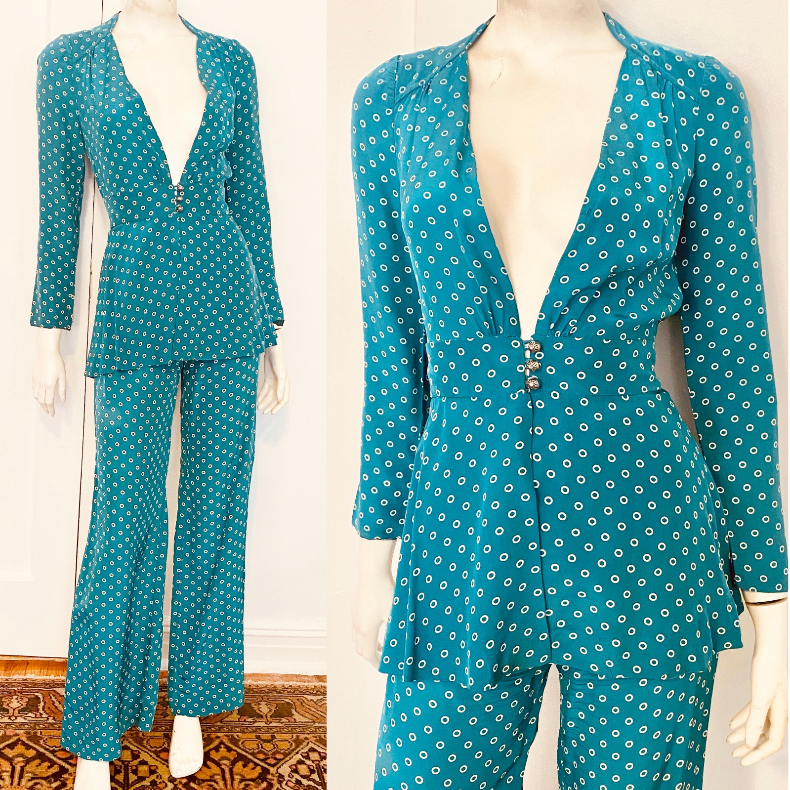 Vintage BUS STOP Silky 1970s Peplum Blouse High Waisted Trousers Pant Suit XS