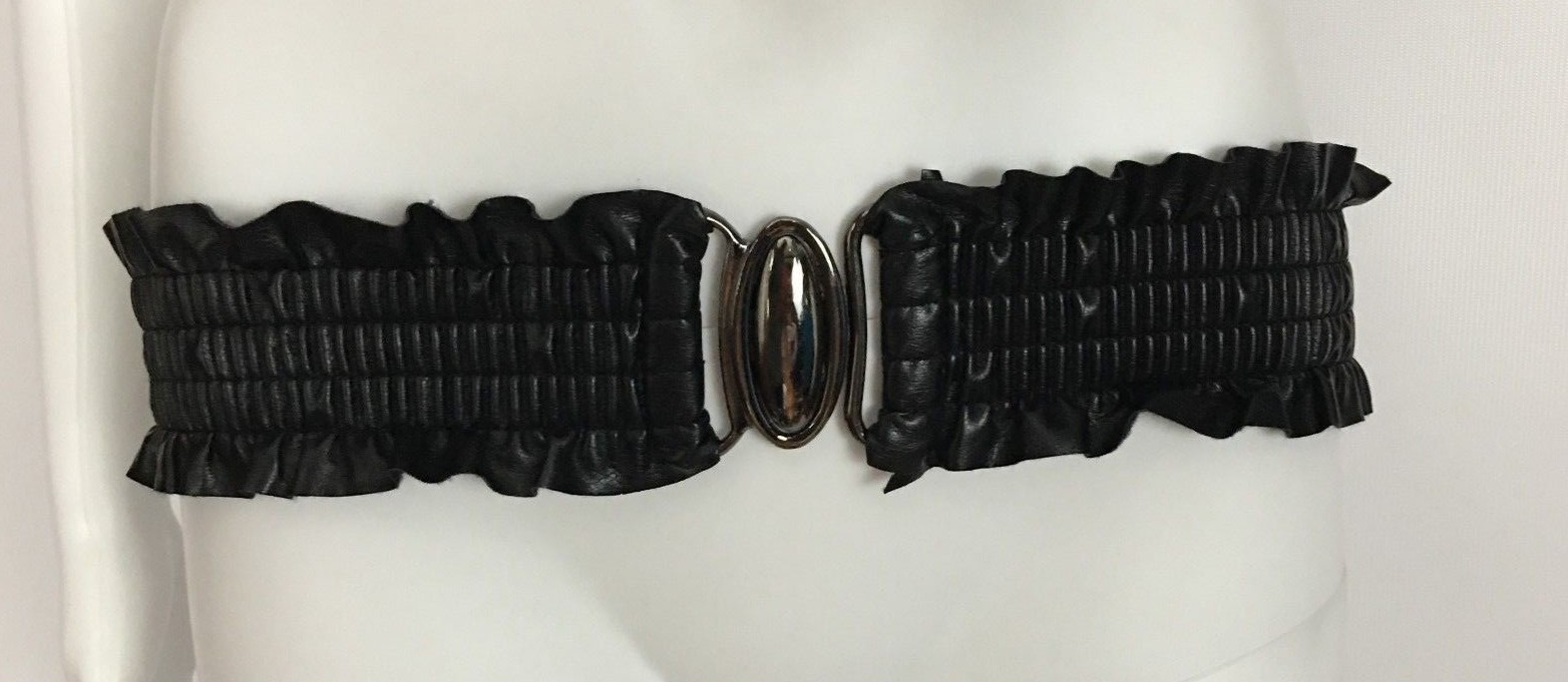 Vintage 80’s Black Smocked Stretch Cinch Belt Faux Leather One Size Fits S M L