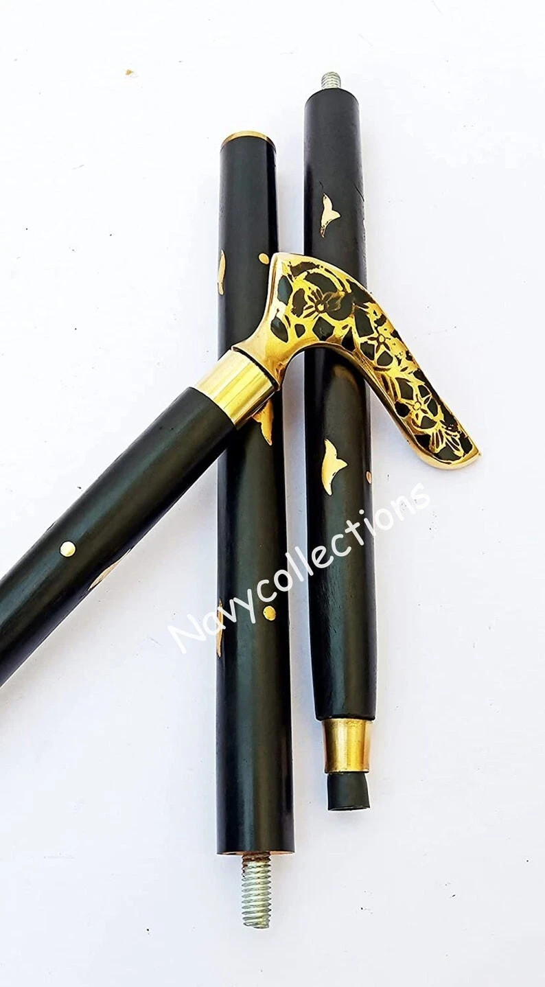 New Black Flower Leaf Victorian Handle Handmade Brass Walking Wooden Cane Gift
