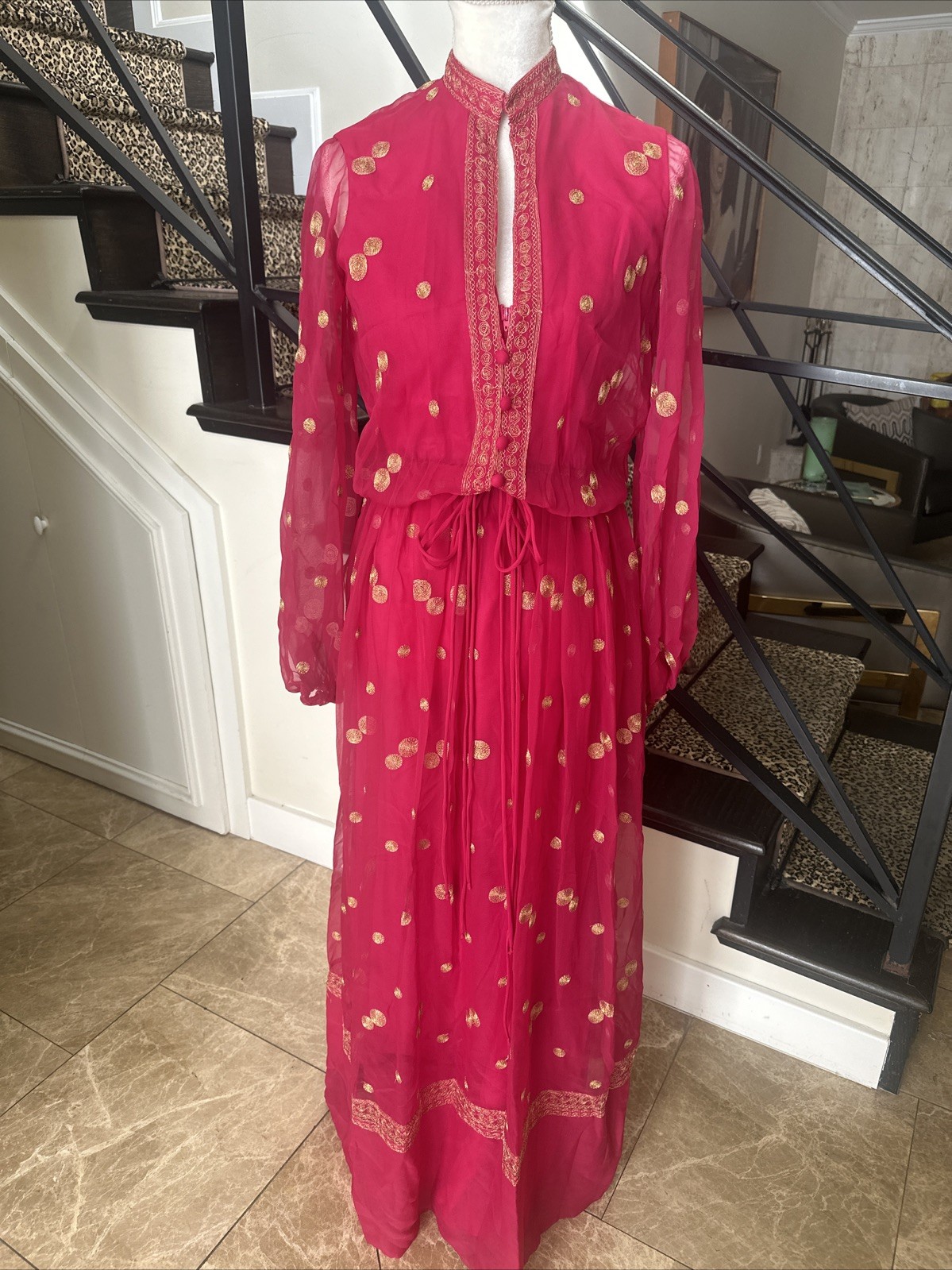 Jack Bryan NWT 70s Raspberry Pink Voile & Gold Embroidery Blouson Maxi Dress S