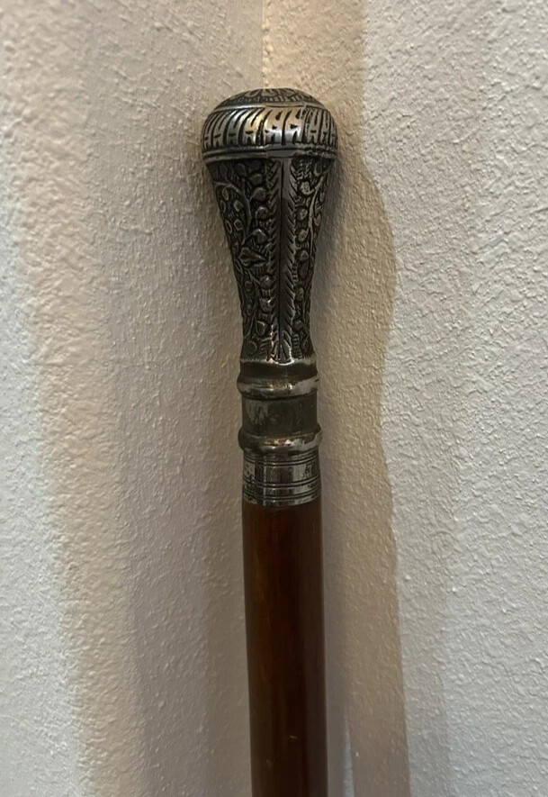 Vintage Victorian Style Walking Cane Stick Pewter Handle Decorative Collectible