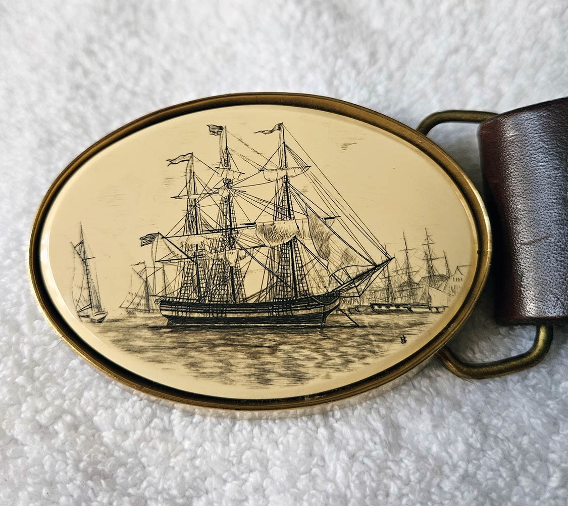 Vintage 1983 Barlow Faux Scrimshaw Solid Brass Belt Buckle Sailing Ship wi/ Belt