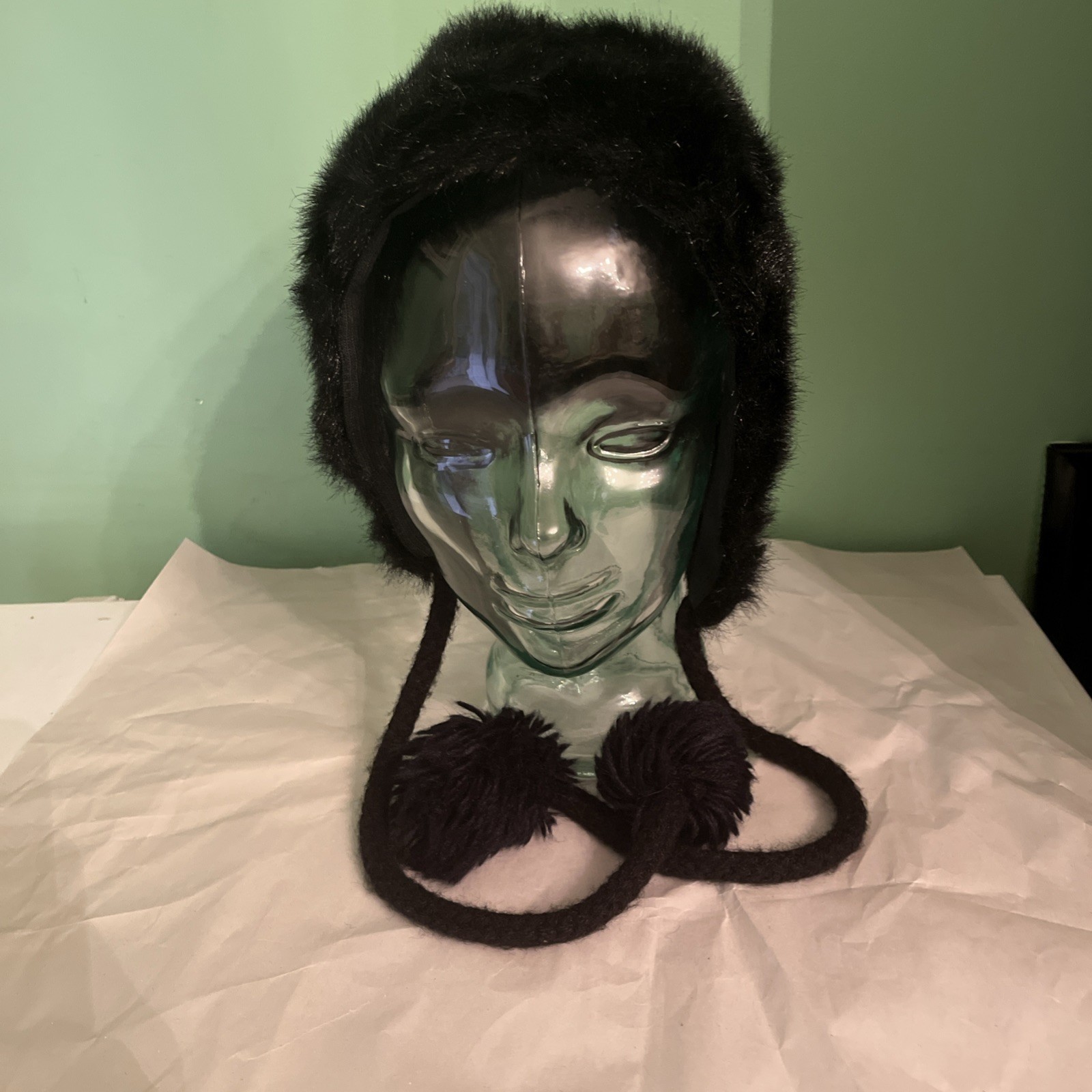 Vintage Faux Fur Hat 70s Fluffy Pom Pom Ties Bonnet