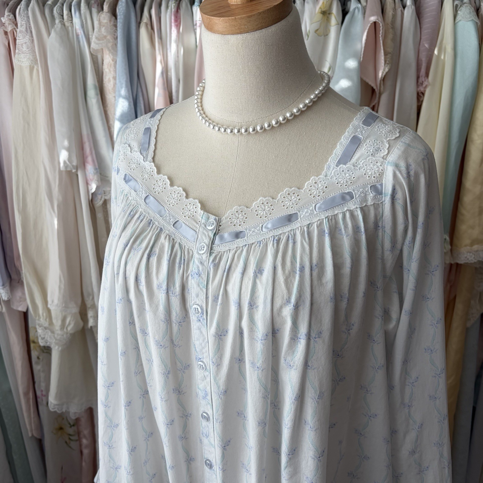 vintage y2k eileen west blue ribbon floral cotton nightgown pockets
