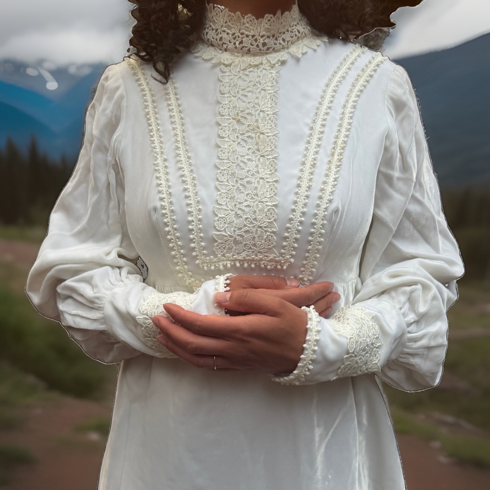 1970s Vintage Velvet Wedding Dress, Bishop Sleeve cuff And Bust Detail XS-Ivory