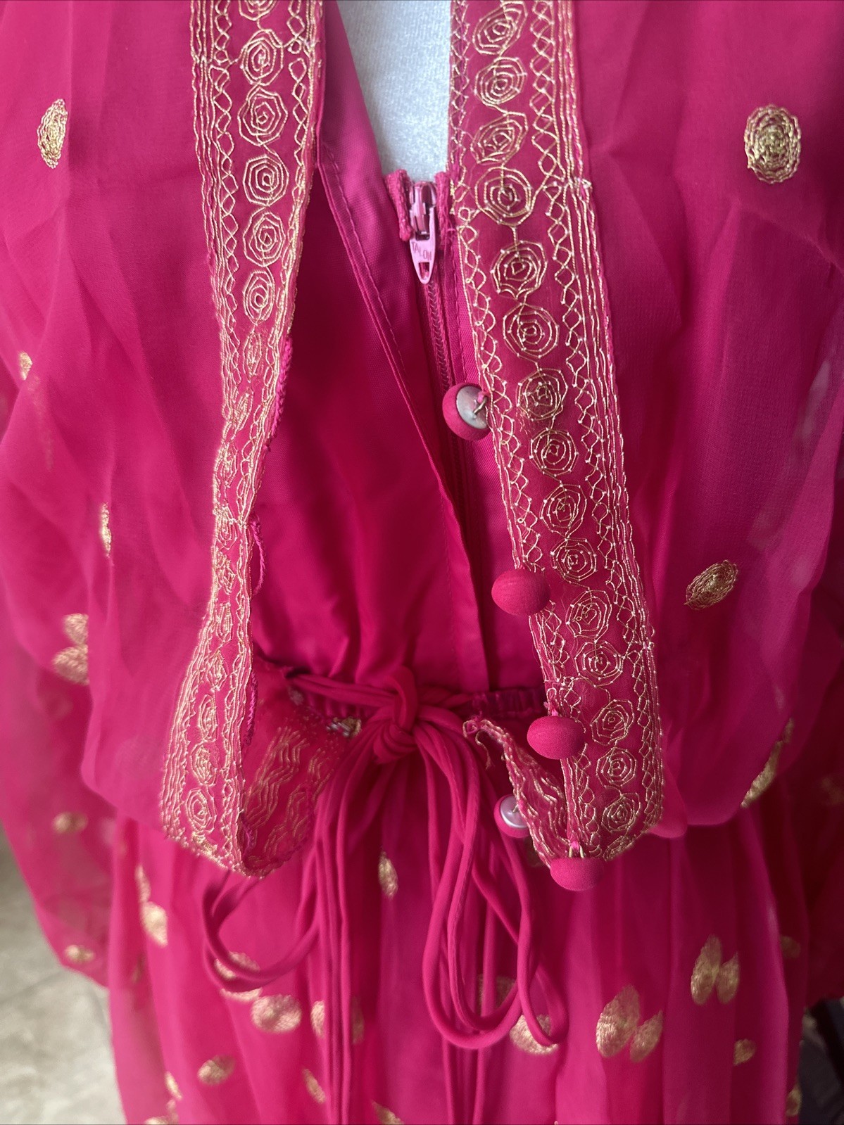 Jack Bryan NWT 70s Raspberry Pink Voile & Gold Embroidery Blouson Maxi Dress S