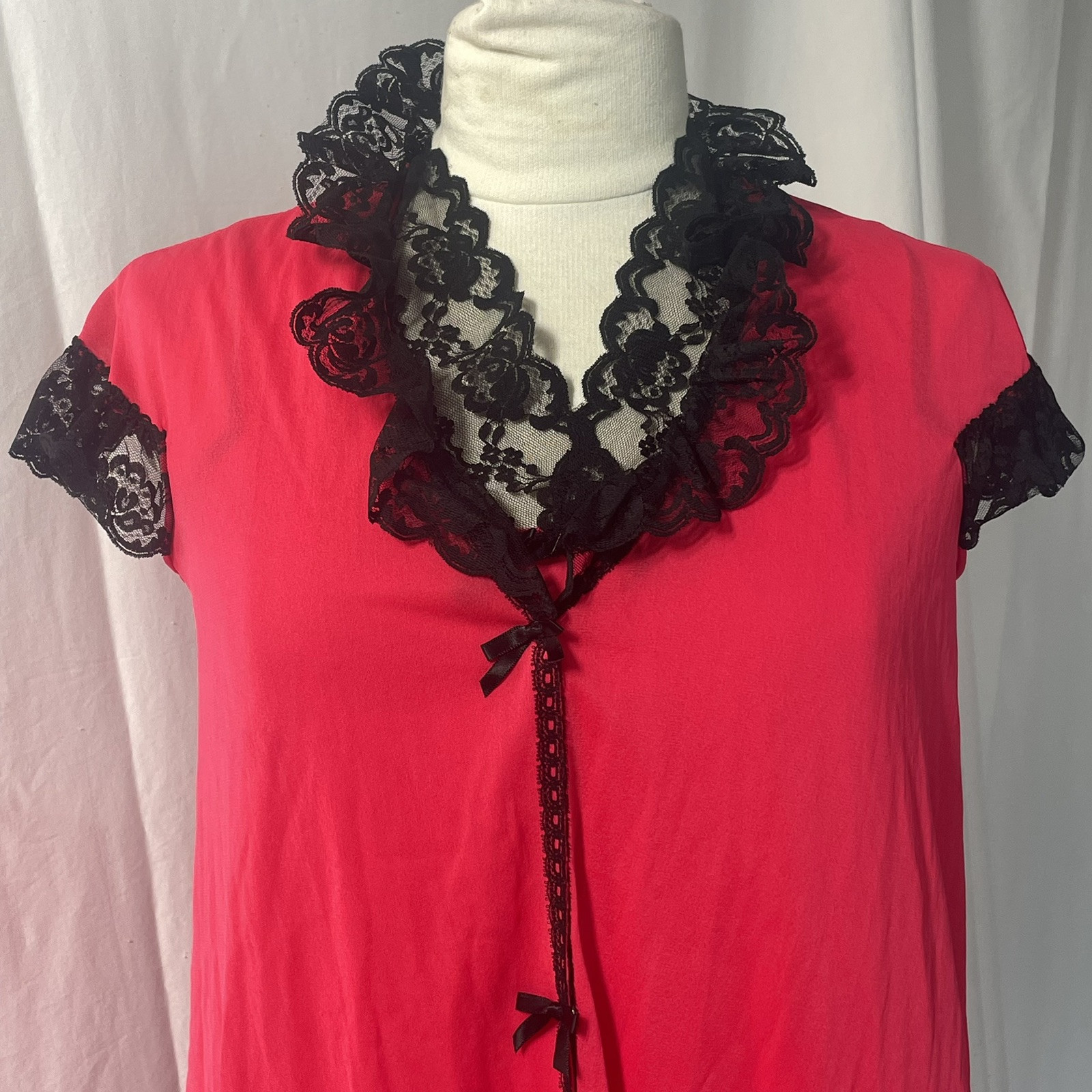 VTG Kayser Red Babydoll Nightgown Black Lace Trim Small Coquette Sexy Pin-up