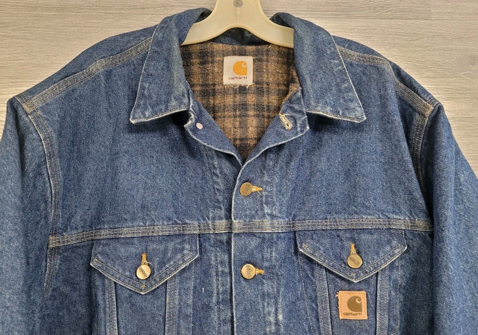 MENS VINTAGE CARHARTT DENIM JACKET PLAID BLANKET LINING TRUCKER WORKWEAR SIZE XL
