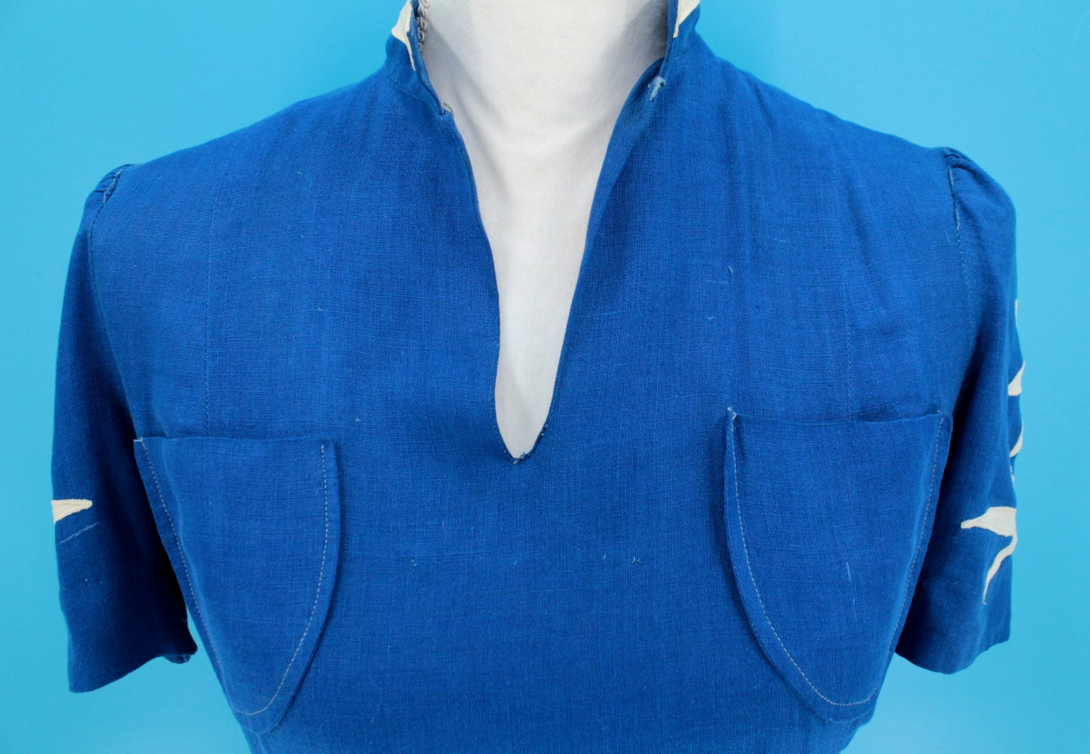 VTG Women’s 30s Royal Blue A Line Dress W/ Floral Applique’ Sleeves Sz S 1930s