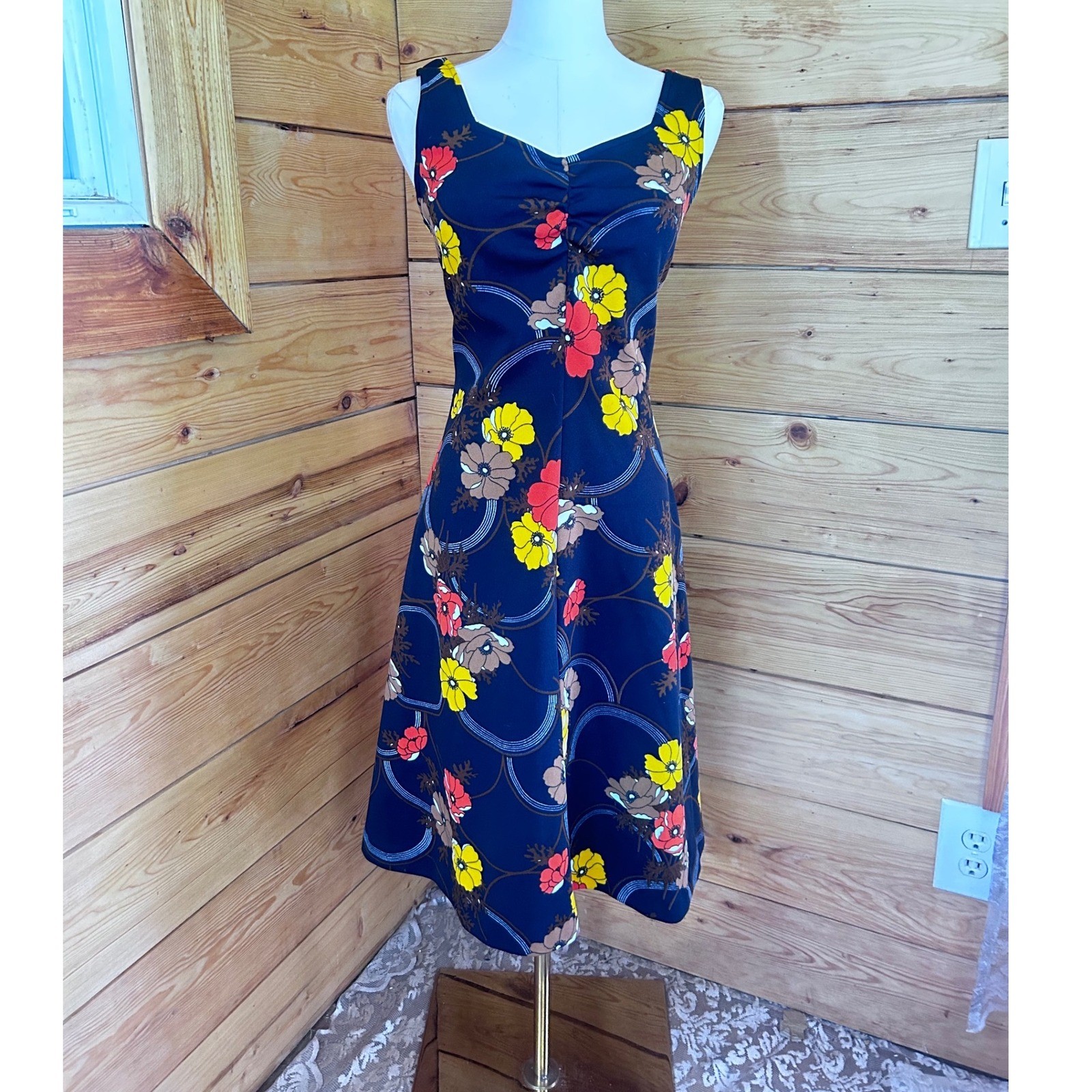 Vintage Floral Sweetheart Midi Dress Womens Medium Navy Blue 70s Retro Handmade