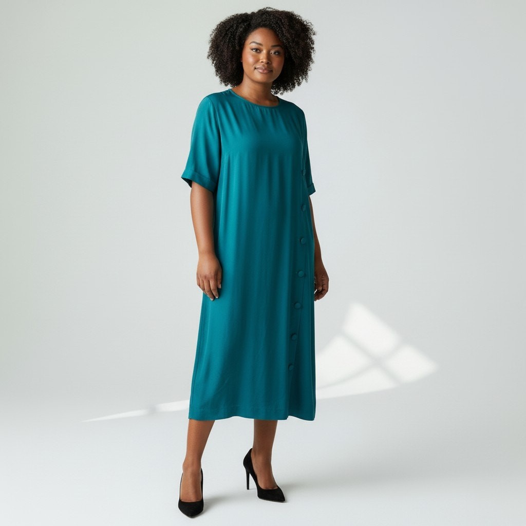 Vintage 80’s Pape’ll Too 100% Silk Teal Dress Size 14 Side Faux Button Detail