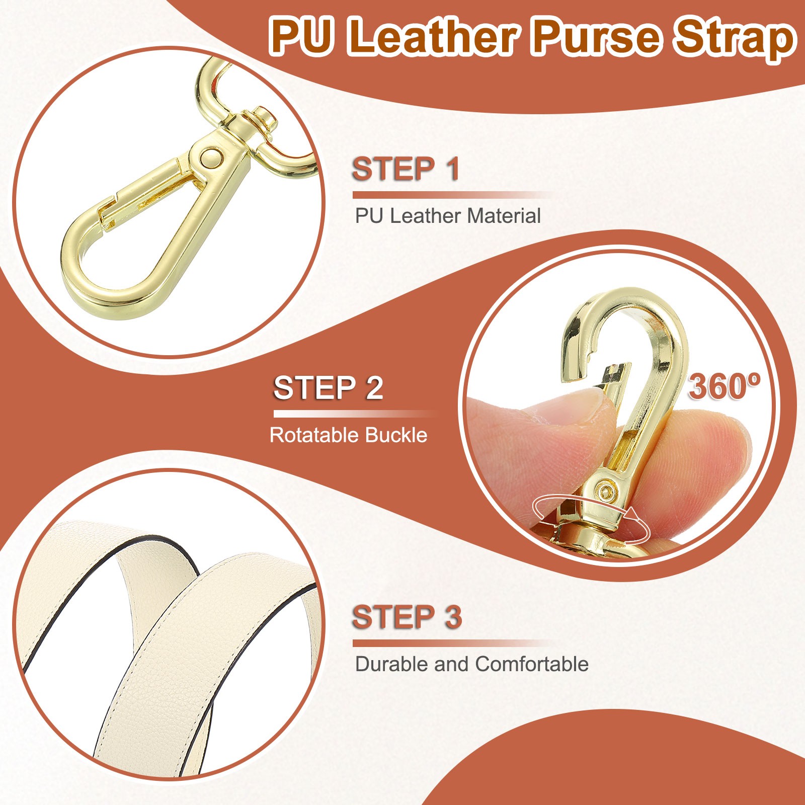 45.3″ Adjustable PU Leather Purse Strap Crossbody Replacement Cream/Gold