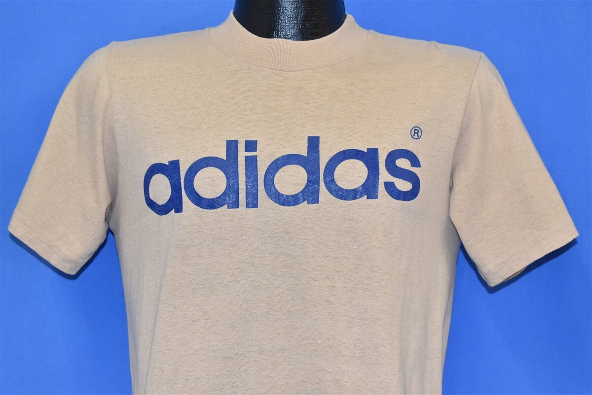 vtg 70s ADIDAS SPELL OUT LOGO BEIGE TAN HI CRU STEDMAN COTTON BASIC t-shirt S