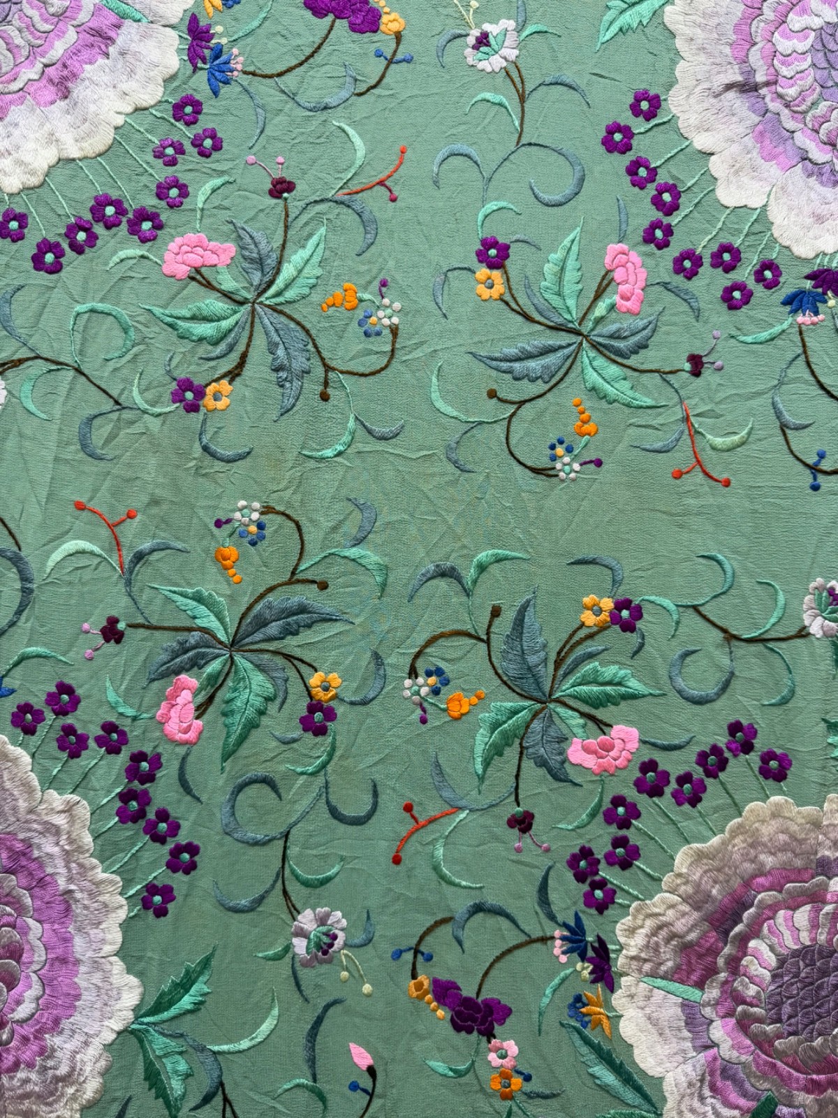 Vintage Manila Silk Embroidered Piano Scarf Shoulder Shawl 120×115 Cm