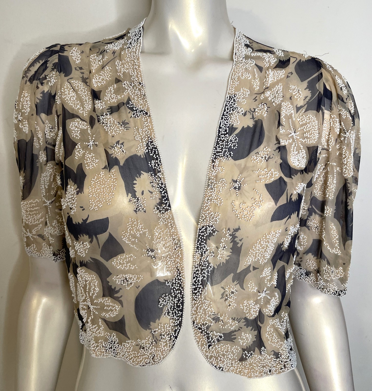 Antique 20s 30s Beige Navy White Beaded Floral Sheer Jacket S M Overlay Evening
