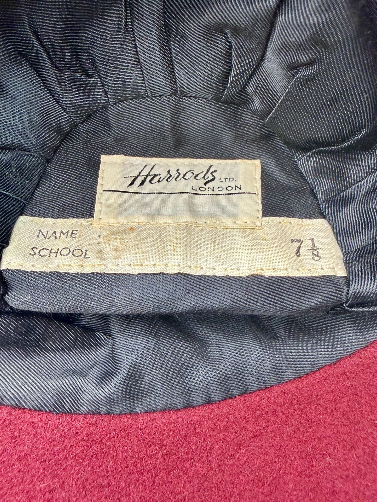 Vintage Harrods London Wool School Cap Hat Burgundy Yellow Size 7 1/8 England