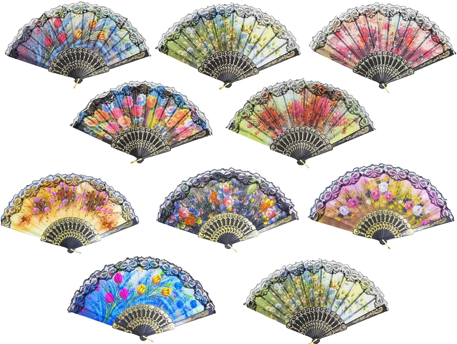 10 Pack Vintage Spanish Floral Folding Hand Fan Sequin Fabric Folding Handheld H