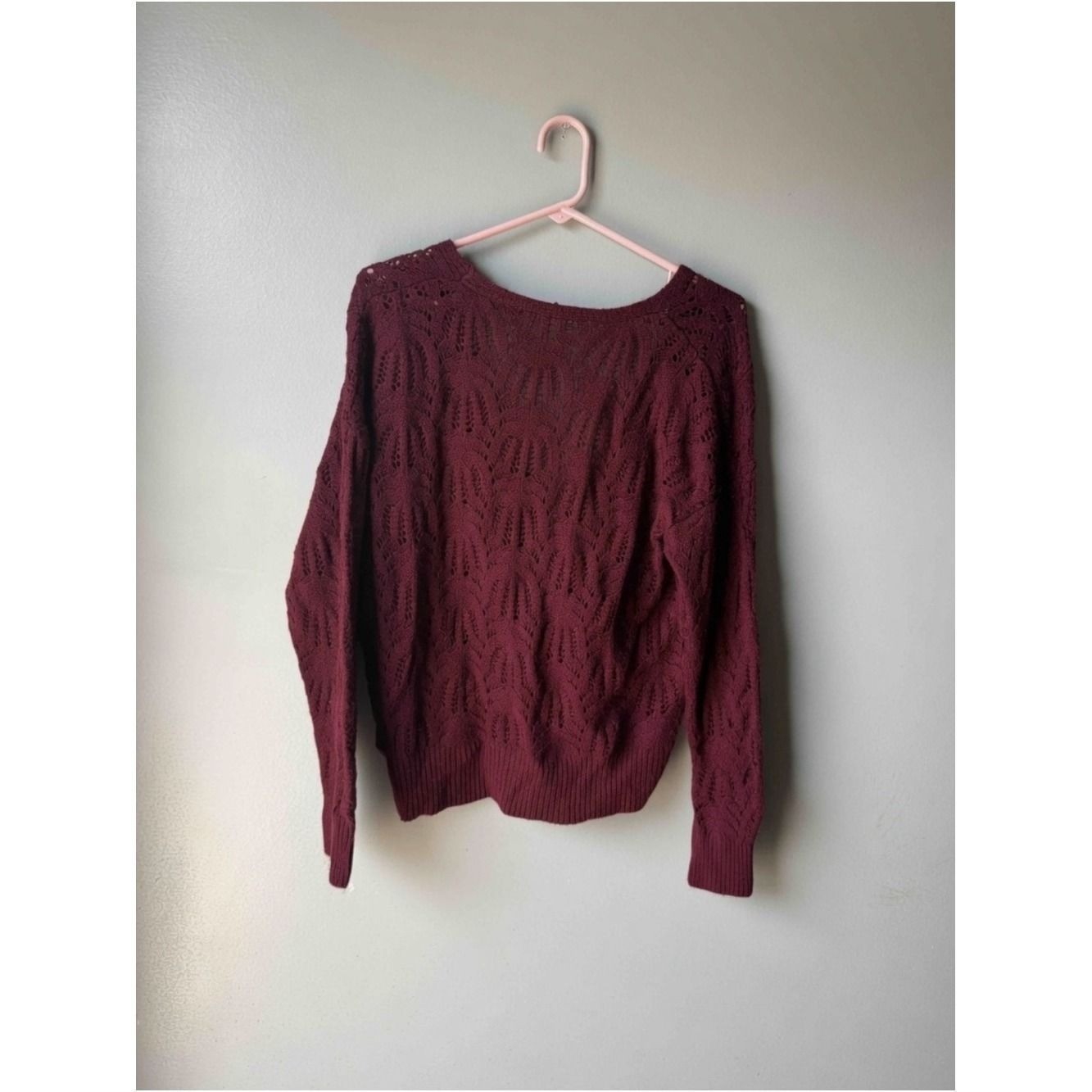 Women’s Burgundy Wrap Sweater Knit Surplice Crochet Boho Cottagecore Large