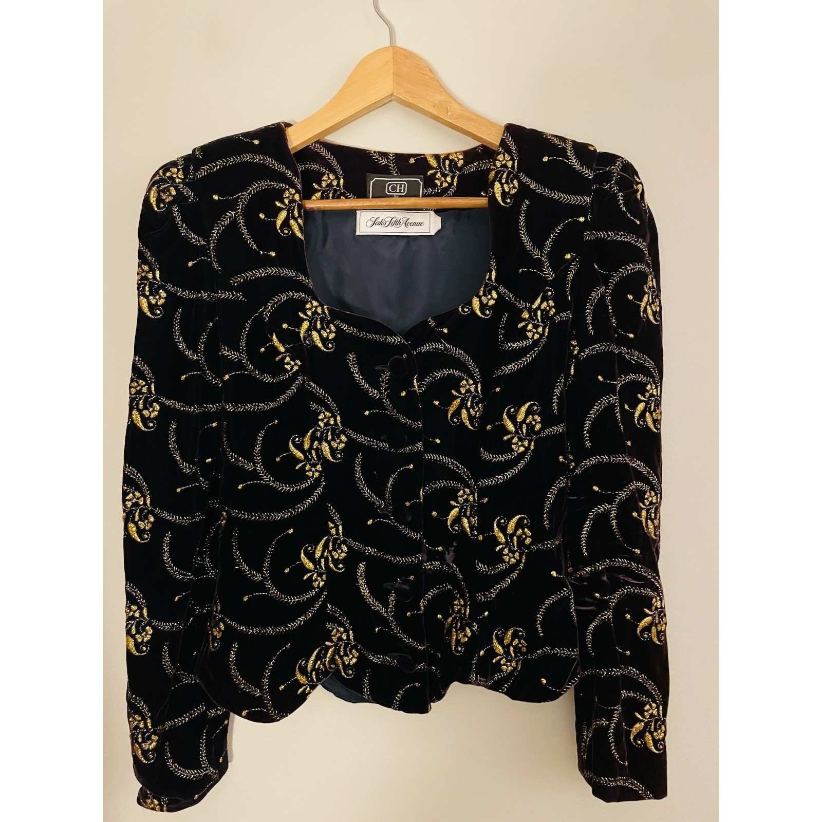 Vintage Carolina Herrera Saks 5th Ave Gold Tapestry Woven Black Velvet Jacket