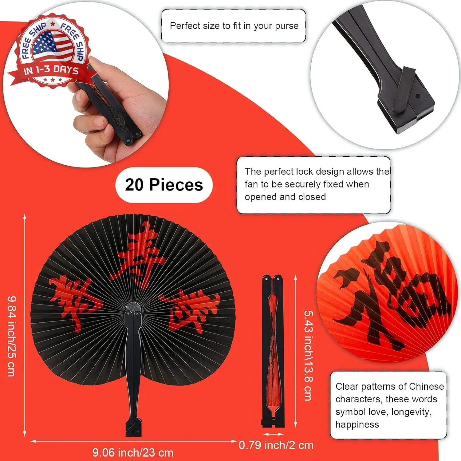 Jetec 10 Pcs Chinese Folding Hand Fans, Oriental Japanese Paper Handheld Fans fo