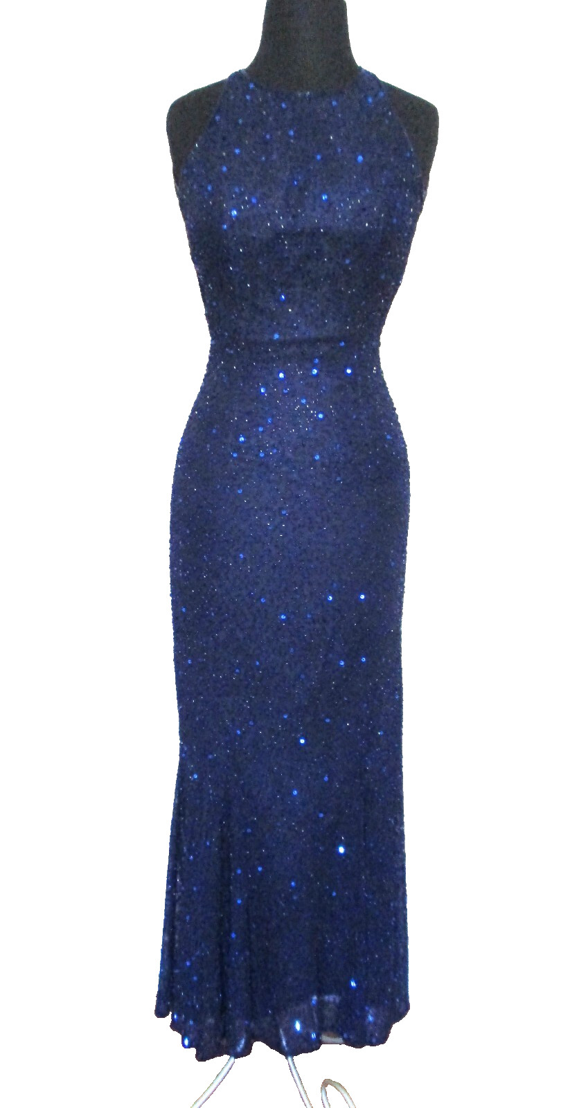 Vintage Scala Gown Maxi Dress XS Women Black Silk Chiffon Blue Beads & Sequins