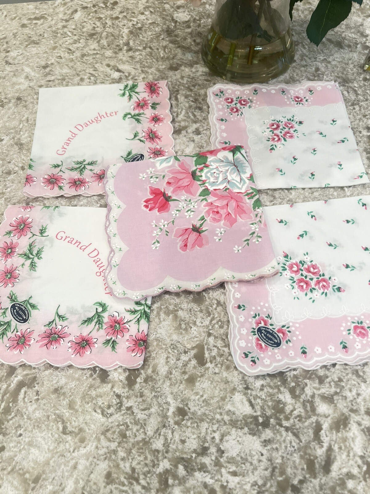5 New Pink Roses Floral Grand Daughter Handkerchief – LuRay Hankie! Set Vtg