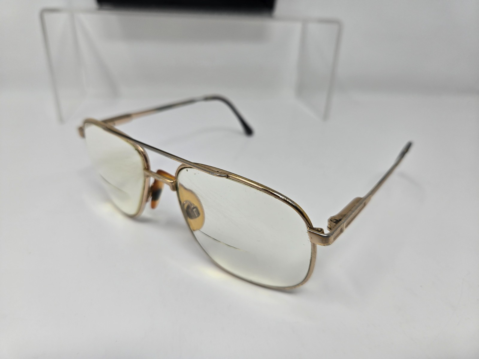 Vintage Aviator Glasses Gold Frame Full Amber Nose-Guard Bifocal with Black Case