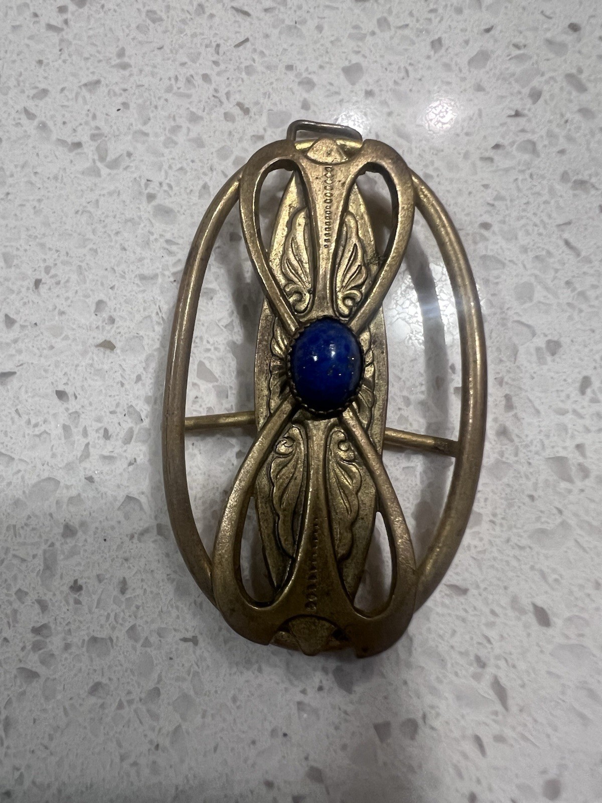 Signed Czech Gablonz Art Nouveau Brass Buckle Blue Lapis Glass Cabochon 20s C9