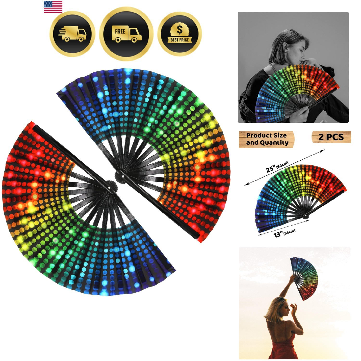 Colorful Rainbow Handheld Folding Fans Rave Festival Party Decor Summer Fans