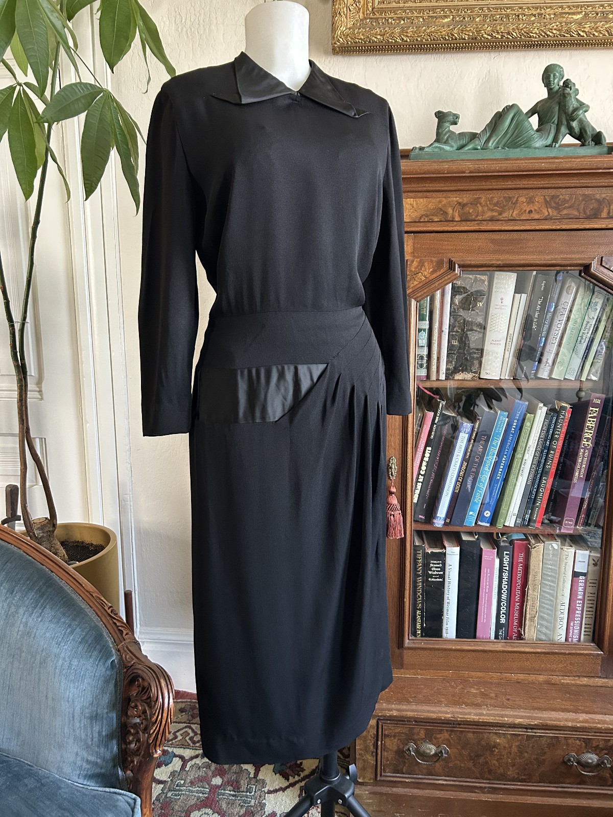 Vintage 1940s Black Satin & Rayon Cocktail Dress w/ Statment Collar Asymmetric M