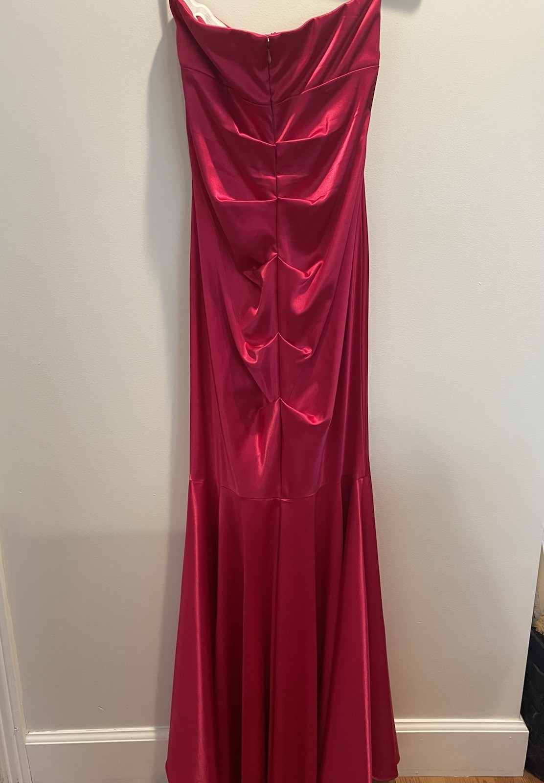 Xscape Red Satin Sweetheart Strapless Ruched Rhinestone Long Gown Size 12