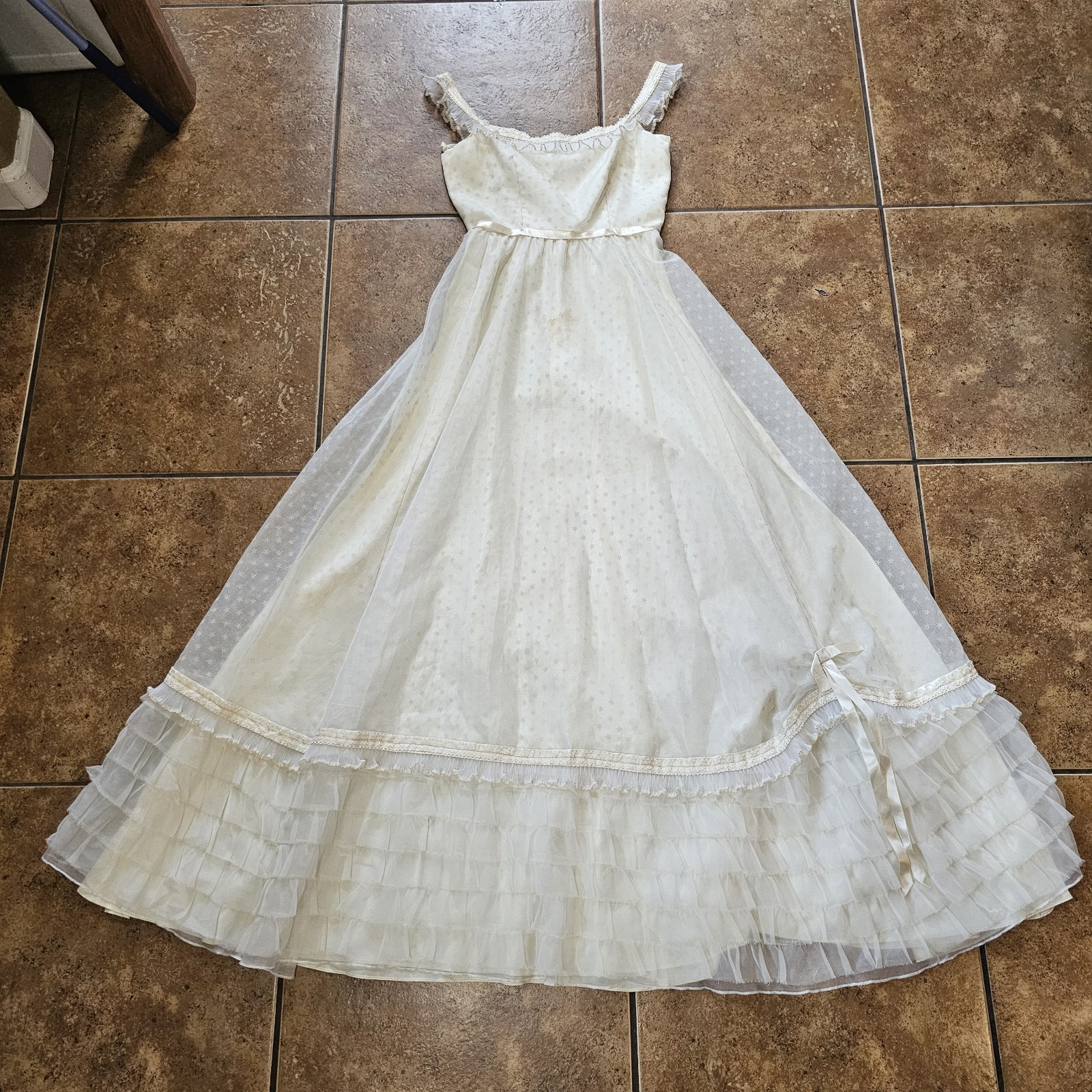 Vintage 70s Maxi Dress White Chiffon Floral Straps Bows Ribbon Coquette Party