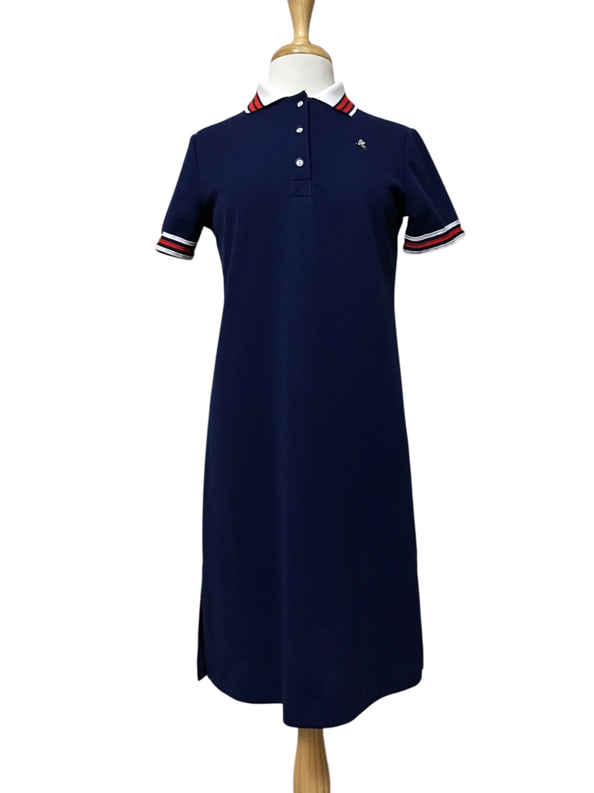 Sears Vintage Polyester Short Sleeve Day Dress Bee Embroidered Navy Blue Medium