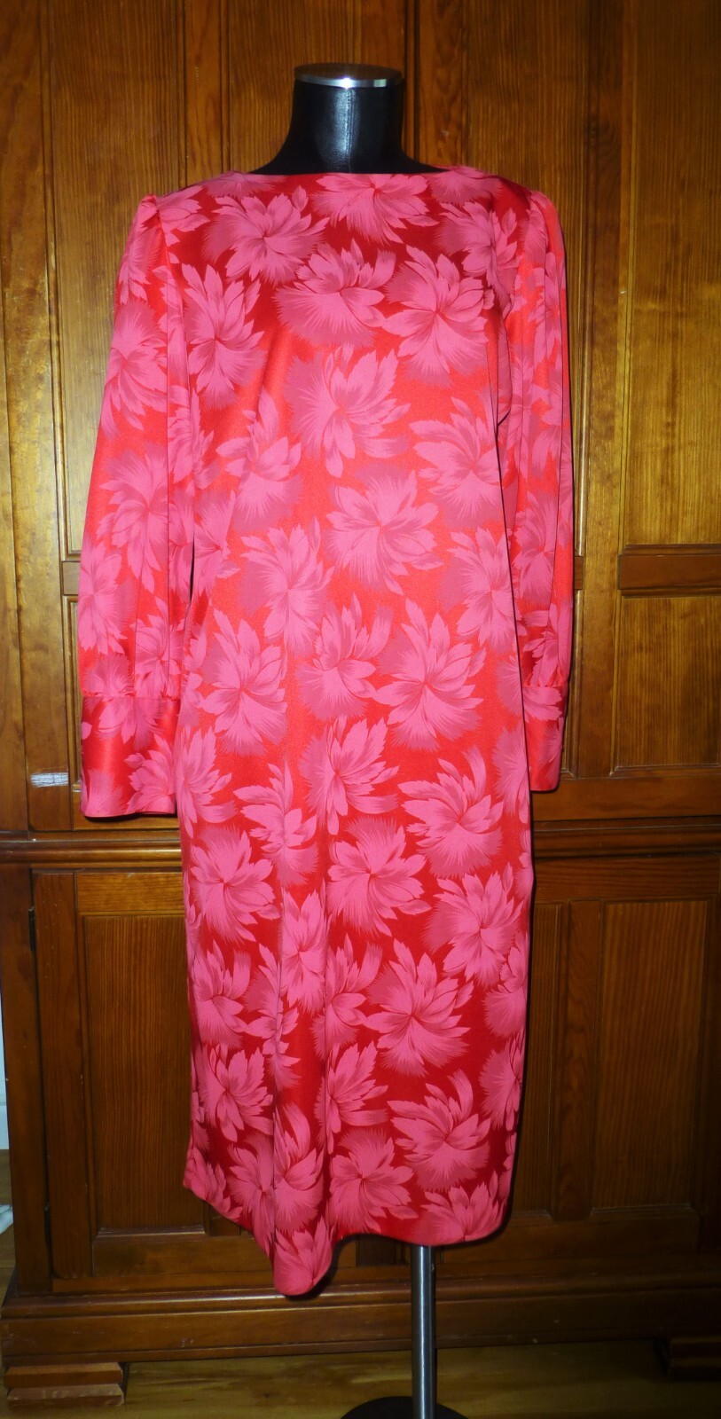 VTG 70s 80s RED Blue Belt Jersey Floral Secretary Cocktail Party midi DRESS L XL
