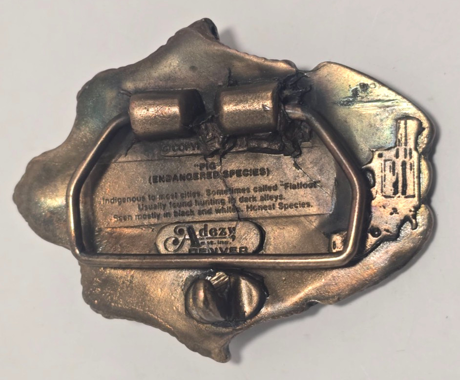 Vintage 1977 Adezy Denver Brass Belt Buckle Pig Endangered Species Police