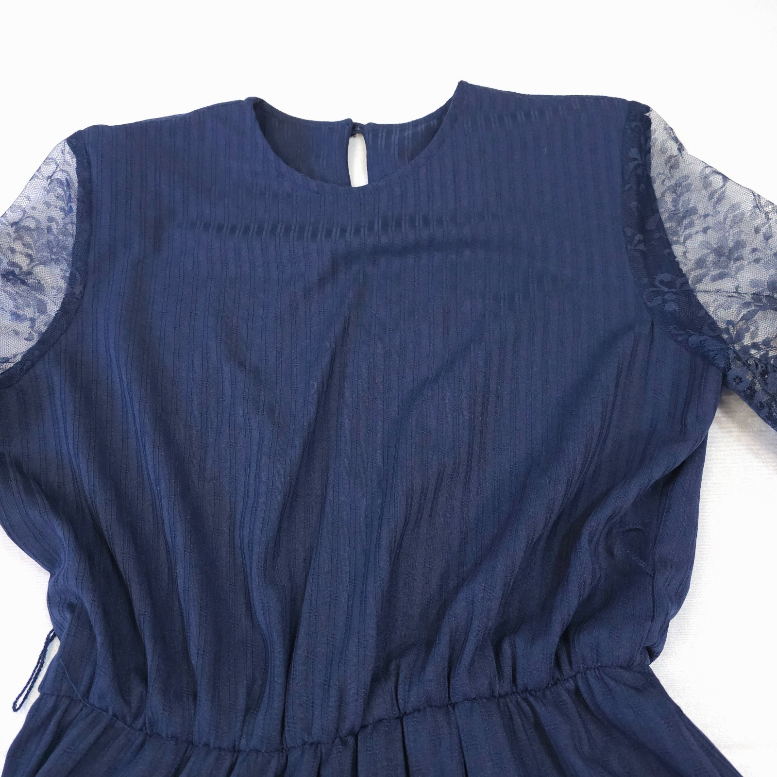 Vtg 1970s 80s Navy Sheer Lace Sleeve Dress Midi Secretary Geek USA Stripe Calif