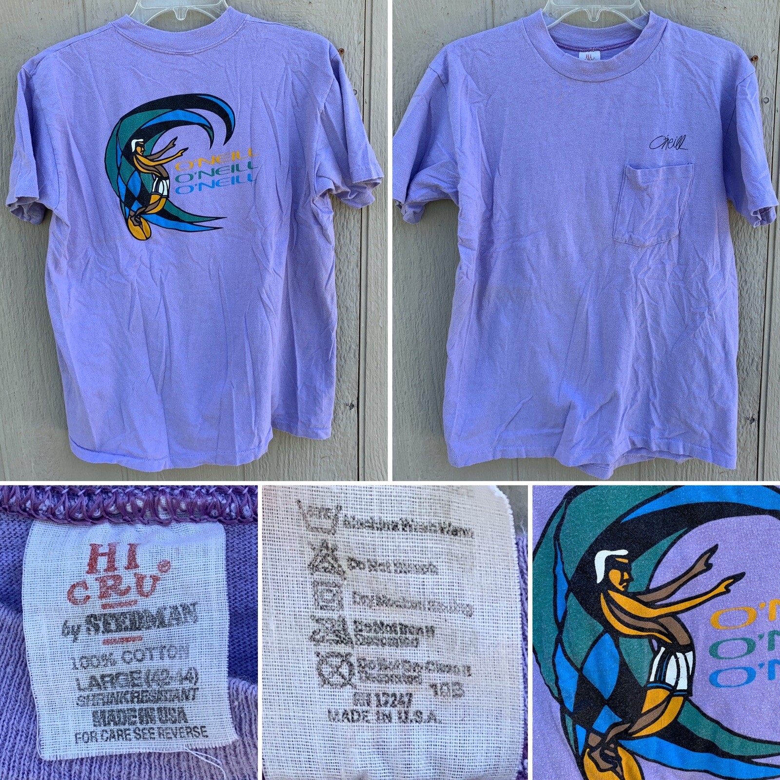 Vintage O’Neill Pocket Tee T-Shirt Surf Surfer Surfboard Graphics HI CRU Label L