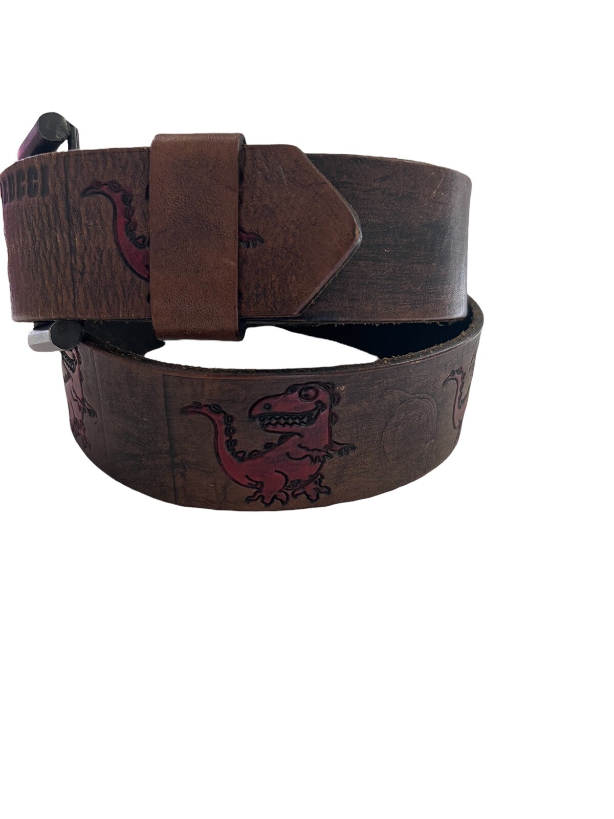 Fiorucci Vintage Kids Brown Leather Red T-Rex Engraved Logo Belt Size M 24-30