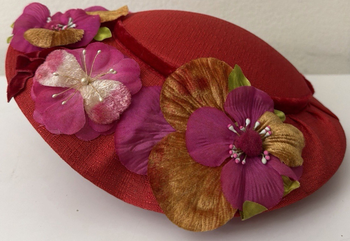 Vibrant Red Straw Percher Fascinator Hat Orchid Flowers Church Royal Ascot Derby