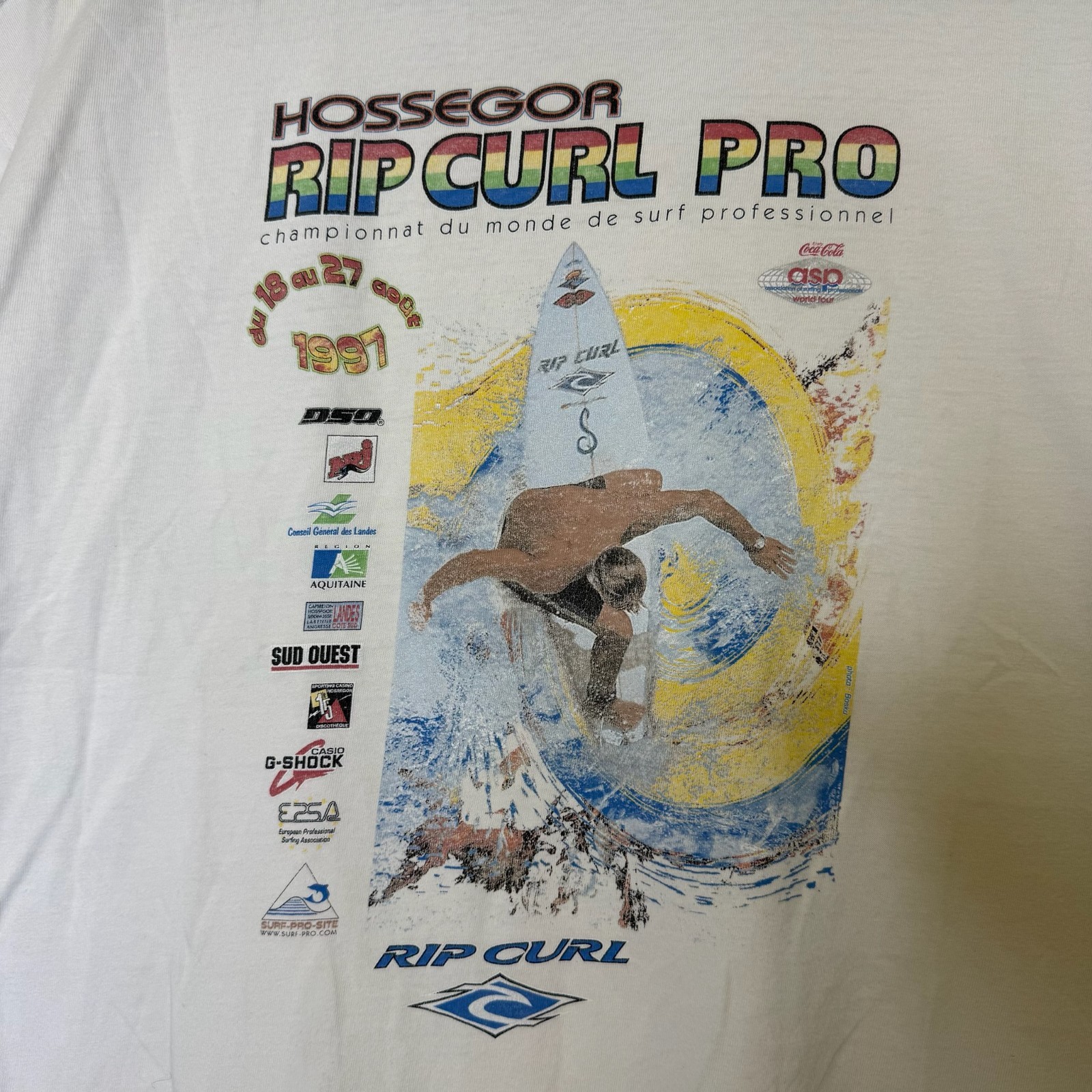 Vintage 90s Rip Curl Pro Surf Competition France Tee Shirt Sz M White Waves