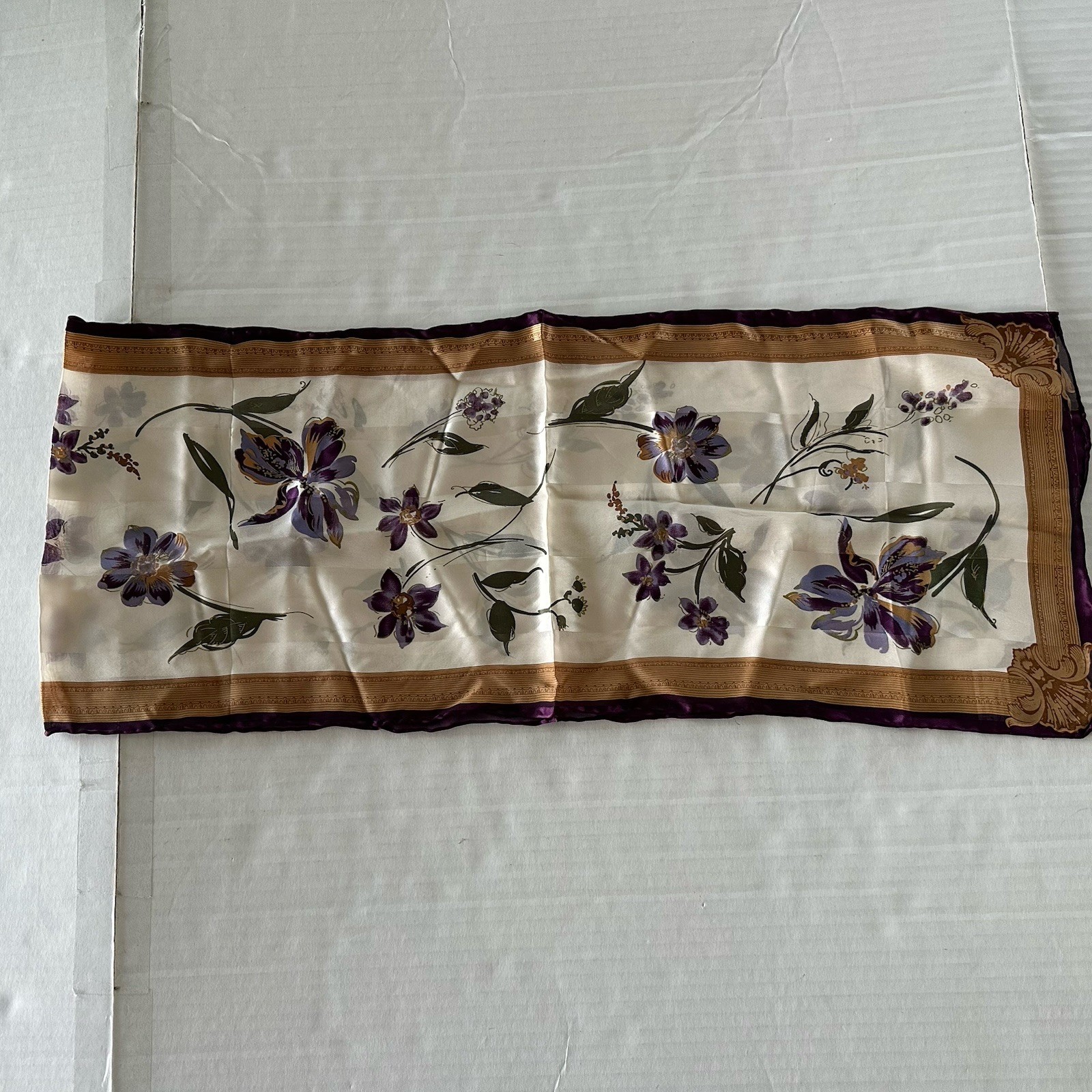 The Specialty House Silk Oblong Scarf Violets w/Purple & Tan Border 11″ x 52″