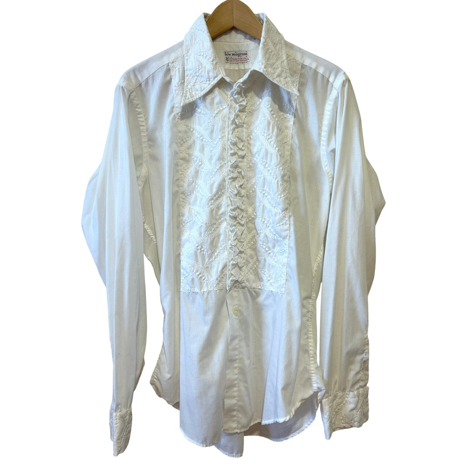 Vintage 70s Lew Magram Mens Tuxedo Shirt 15.5 White Ruffle Front Embroidered