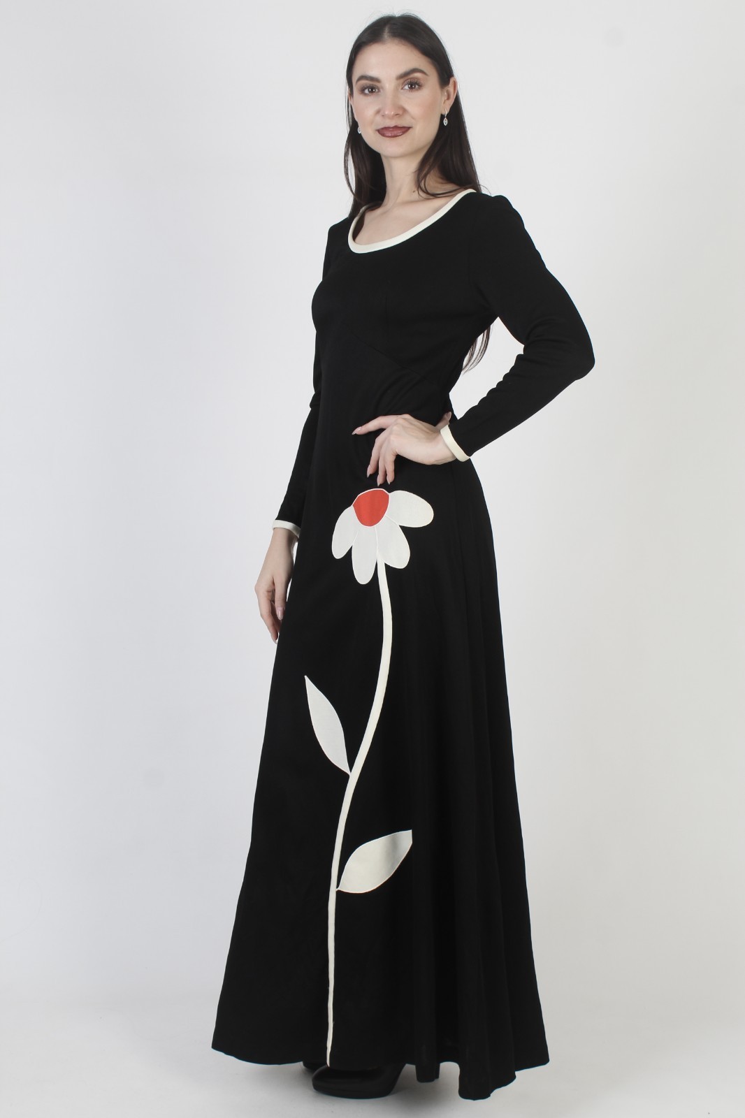 Vtg 70s Black Floral Applique Dress Disco Lounge Cocktail Party Daisy Maxi Gown