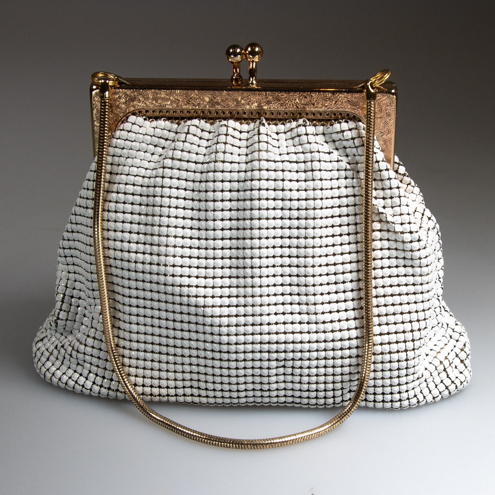 Vintage GLOMESH white and gold small evening bag – in original box