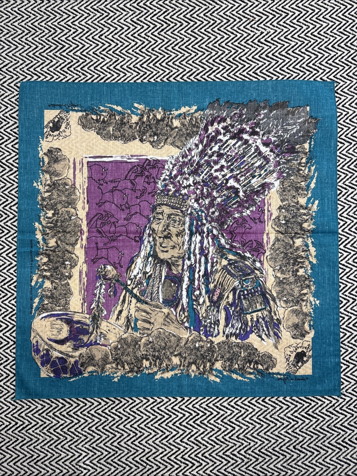 NEW VTG Springs Buffalo Roams Western Bandana Native American Chief Drum Pow Wow